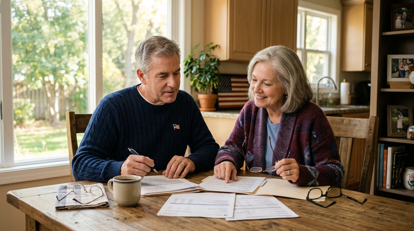 A husband and wife reviewing their statements side by side at home