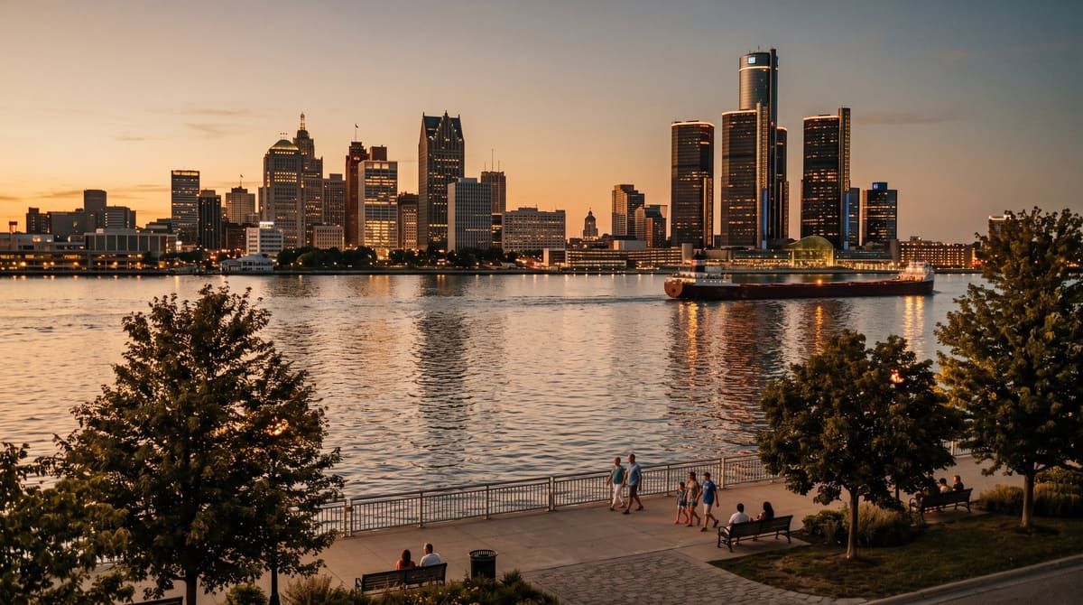 The Detroit skyline over the Detroit River at dusk