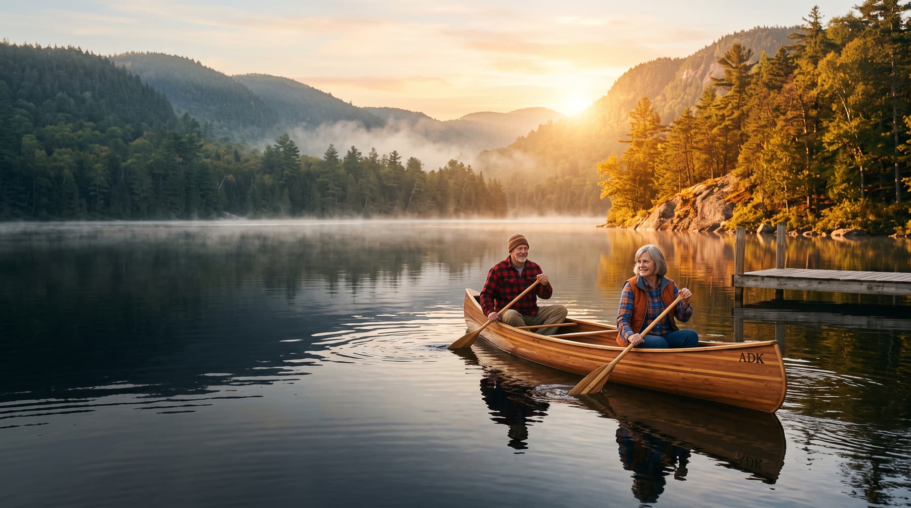 A couple paddles a canoe across a still Adirondack lake in golden morning light