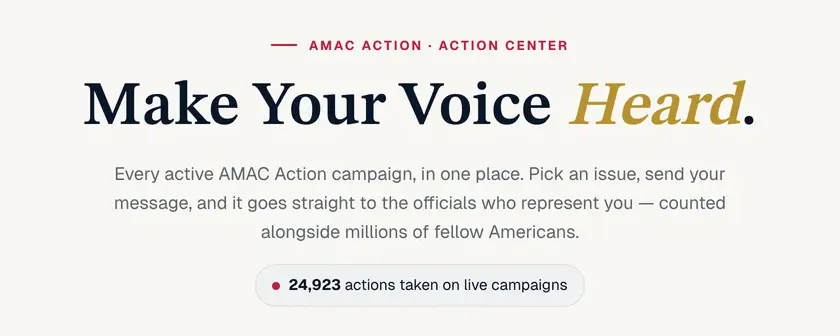 The top of the Action Center page: the headline 'Make Your Voice Heard' and a live count of actions taken on live campaigns.