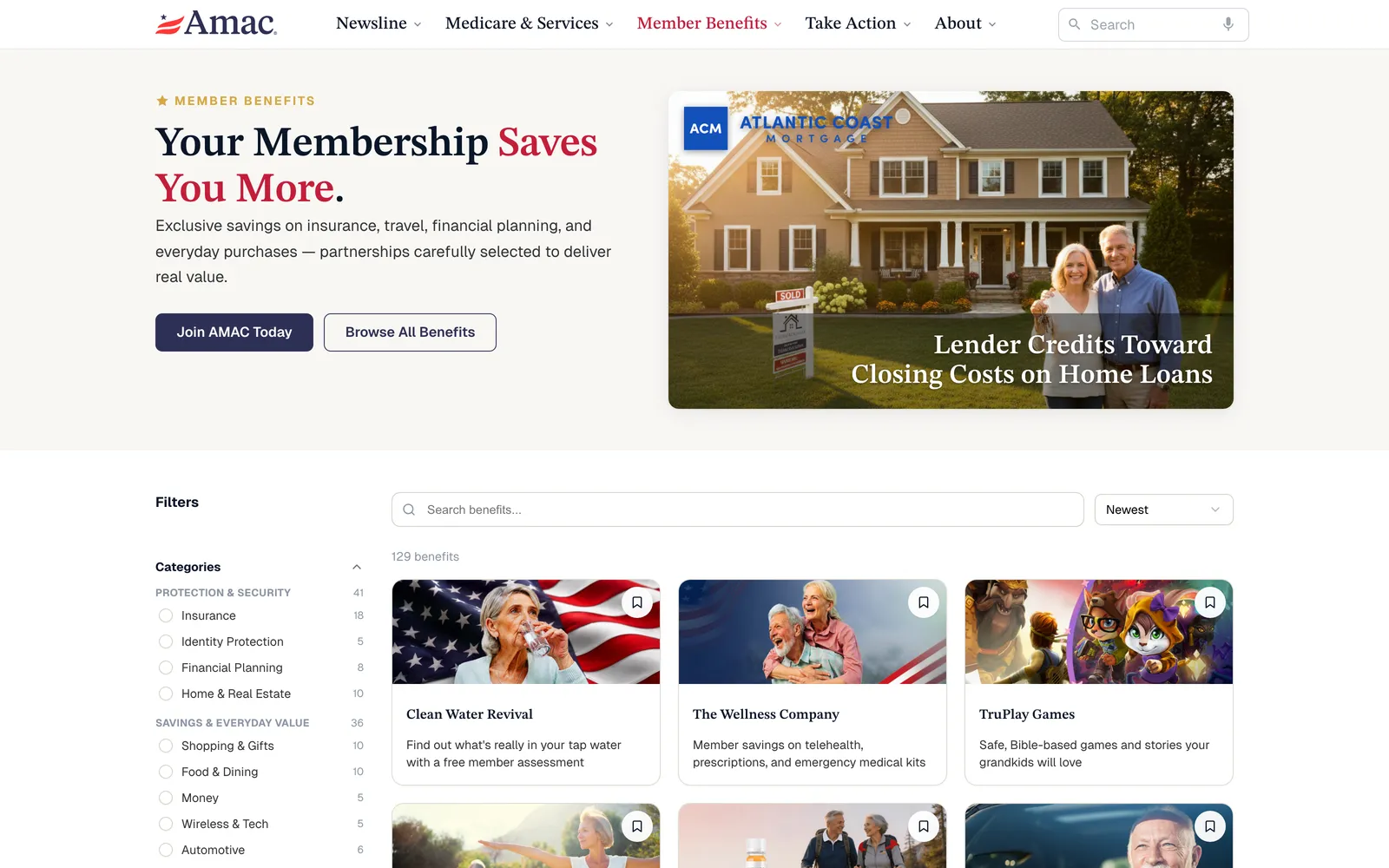 The Member Benefits page: a searchable list of benefit cards with category filters down the left side and a search box at the top.