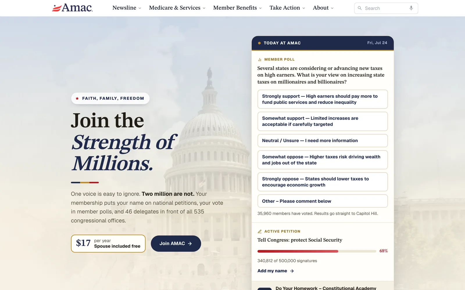 The new AMAC.us home page on a desktop screen: navigation across the top, the day's featured stories, and quick paths to Newsline, member benefits, and Medicare help.