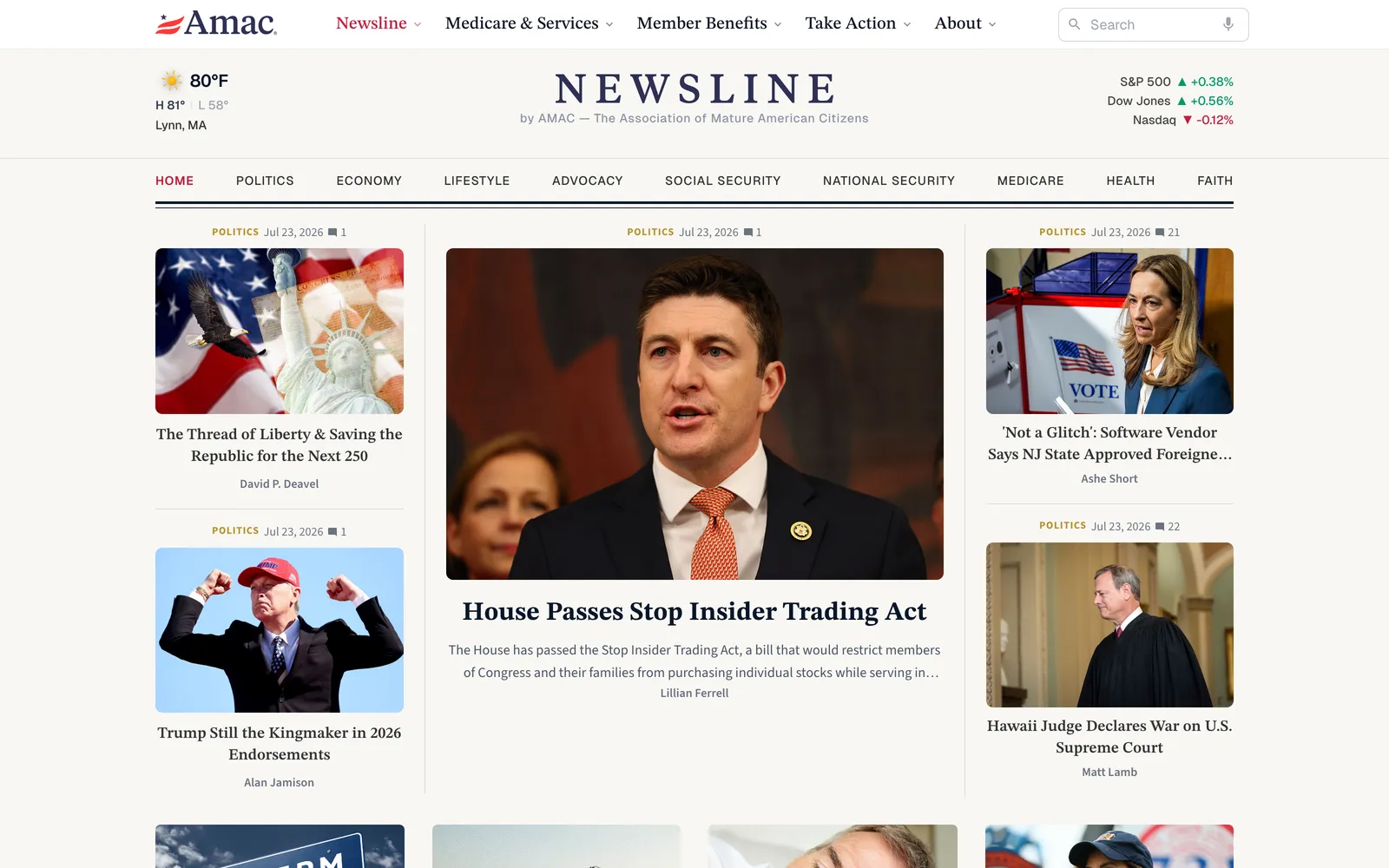The Newsline front page laid out like a newspaper: a large top story with photographs, and headlines for more of the day's stories arranged below.